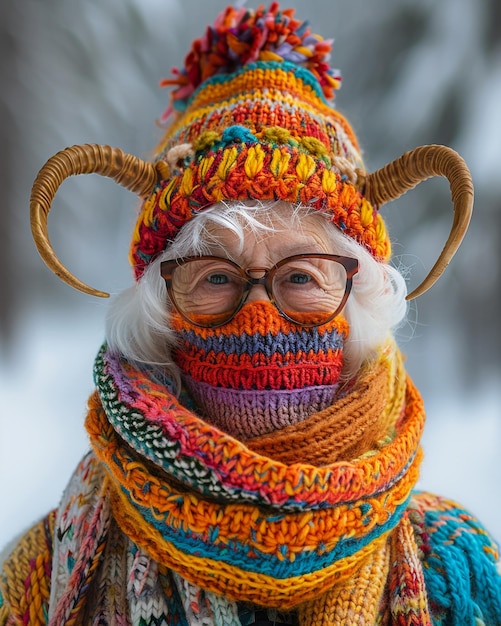 une femme âgée portant un chapeau coloré avec le mot "cos" dessus