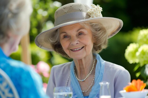 une femme âgée portant un chapeau et souriante