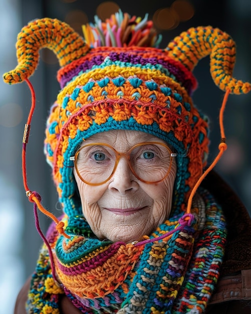 une femme âgée portant un chapeau tricoté avec un foulard qui dit citation tricotée citation