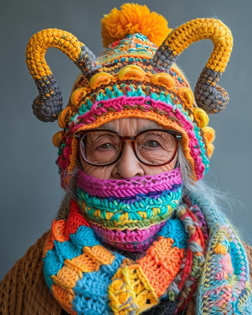 une femme âgée portant un foulard coloré avec le mot corne dessus