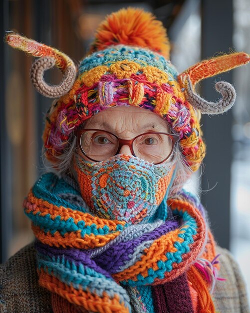 une femme âgée portant un foulard avec le mot renard dessus
