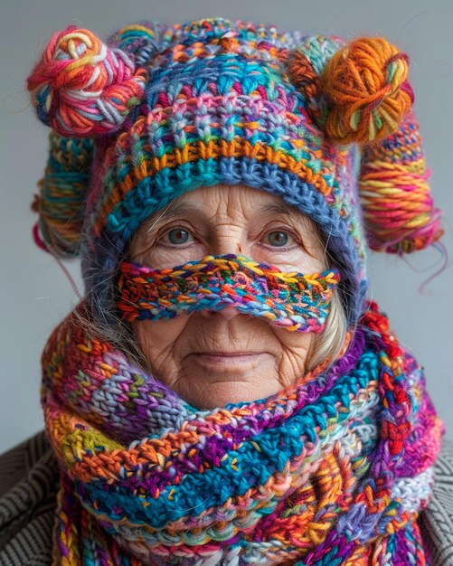 une femme âgée portant un foulard avec le mot tricoté dessus