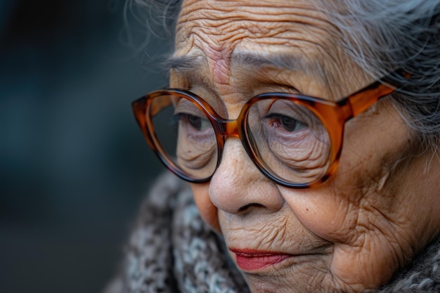 Une femme âgée portant des lunettes et une écharpe