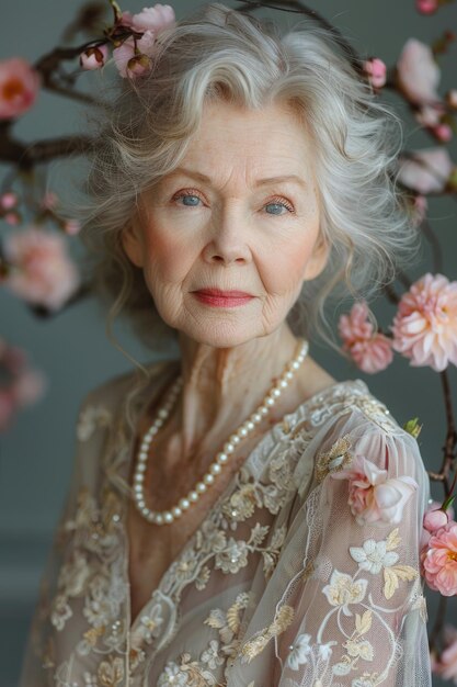 Photo une femme âgée portant une robe vintage et des perles posant avec grâce et élégance