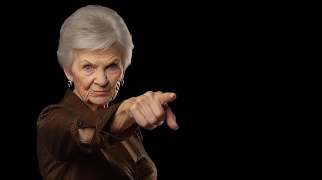 Femme âgée portant des vêtements décontractés pointant avec la main et le doigt sur le côté en regardant la caméra