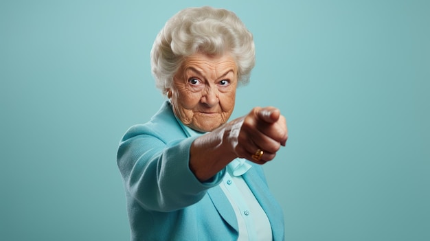 Femme âgée portant des vêtements décontractés pointant avec la main et le doigt sur le côté en regardant la caméra
