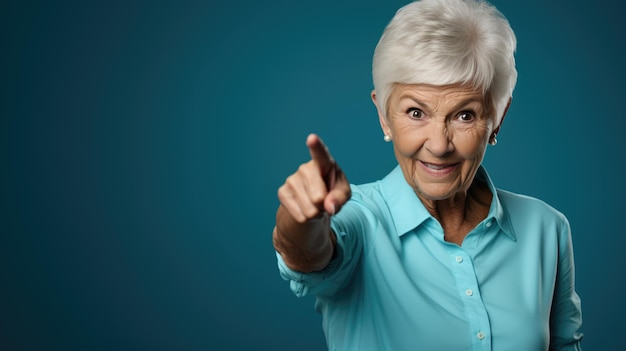 Une femme âgée portant des vêtements décontractés pointant la main et le doigt vers le côté en regardant la caméra