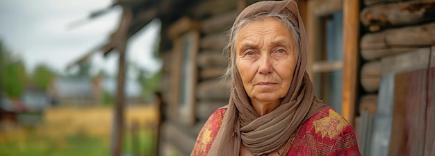 une femme âgée posant à l'extérieur de sa maison de campagne et regardant la caméra