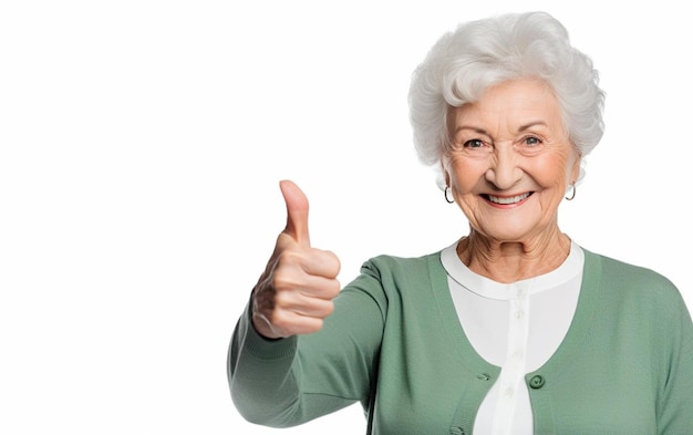 Une femme âgée avec un pouce levé signe sur un fond blanc.