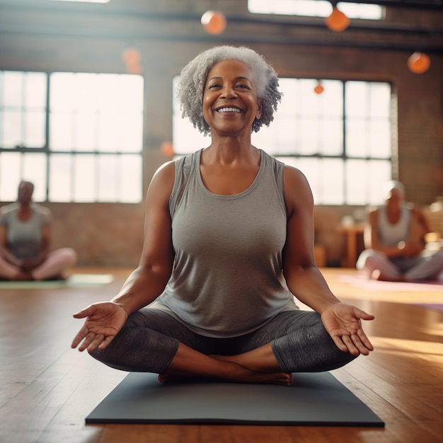 Une femme âgée pratiquant le yoga au gymnase. Un style de vie sain pour les personnes matures.