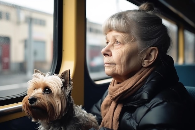 Une femme âgée prend le bus avec son chien dans les transports en commun