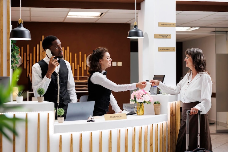 Photo une femme âgée prend la clé de l'hôtel.