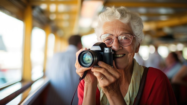 Une femme âgée prend une photo dans un train en utilisant un appareil photo.
