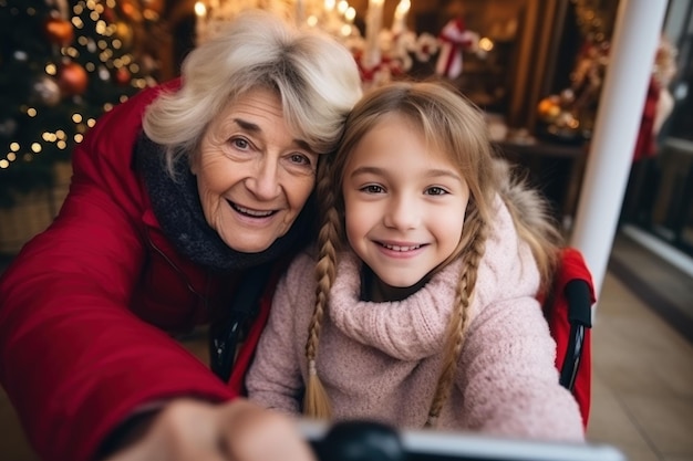 Une femme âgée prend un selfie avec sa petite-fille à l'aide d'un smartphone