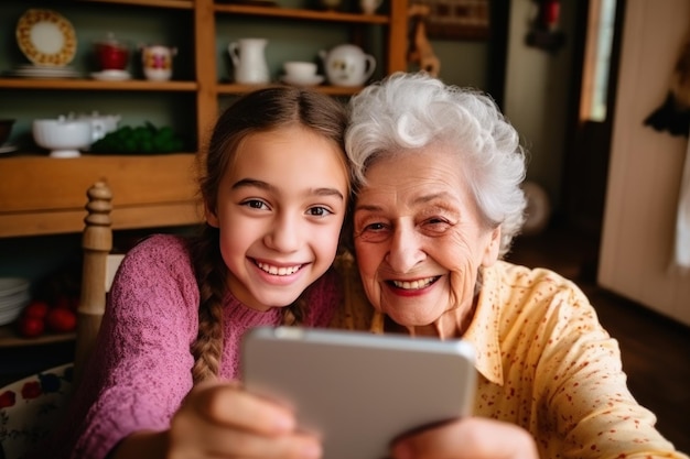 Une femme âgée prend un selfie avec sa petite-fille à l'aide d'un smartphone