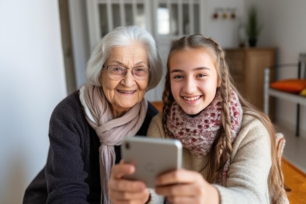 Une femme âgée prend un selfie avec sa petite-fille à l'aide d'un smartphone