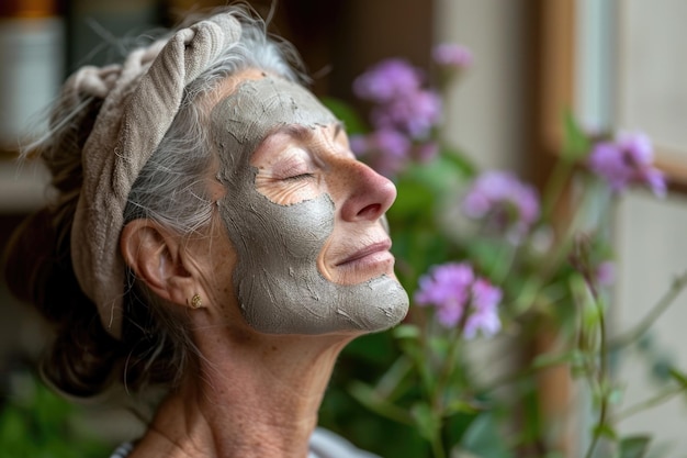 Une femme âgée profite calmement d'une routine de soins personnels en appliquant un masque facial cosmétique en argile pour rajeunir sa peau et se détendre