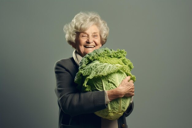 Une femme âgée qui rit et tient un chou.