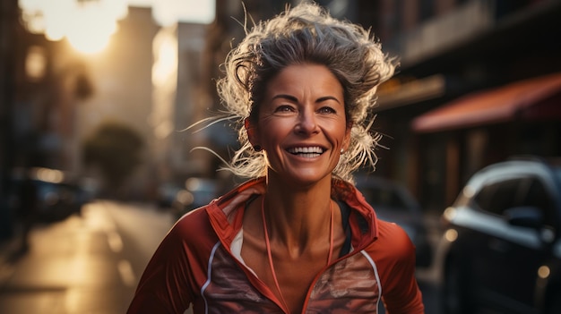 Femme âgée qui va courir, vieil homme vivant un mode de vie sain pour la longévité sur la route en ville