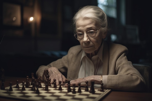 Femme âgée de race blanche jouant aux échecs dans l'activité de salon Generative AI AIG23