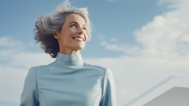 Une femme âgée rayonnante aux cheveux argentés regarde optimiste vers le ciel en portant un col roulé bleu élégant