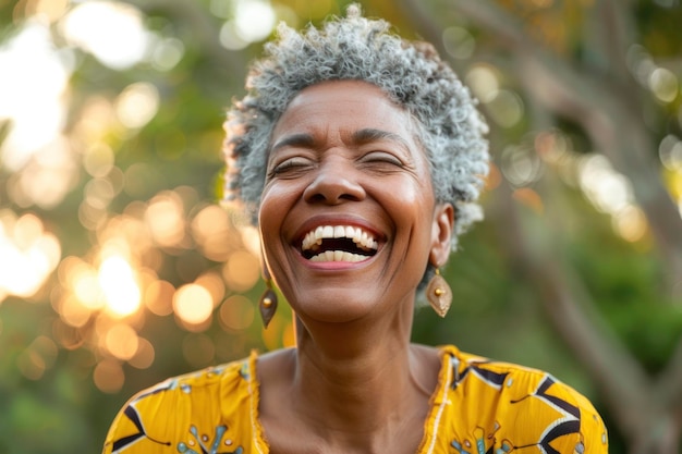 Une femme âgée rayonnante en jaune son rire joyeux au milieu de la verdure luxuriante un tableau de la vie âgée vibrante