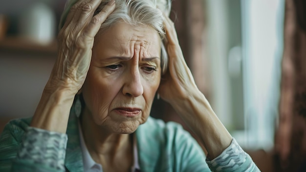 Photo une femme âgée réfléchie tenant sa tête dans ses mains alors qu'elle est assise à la maison