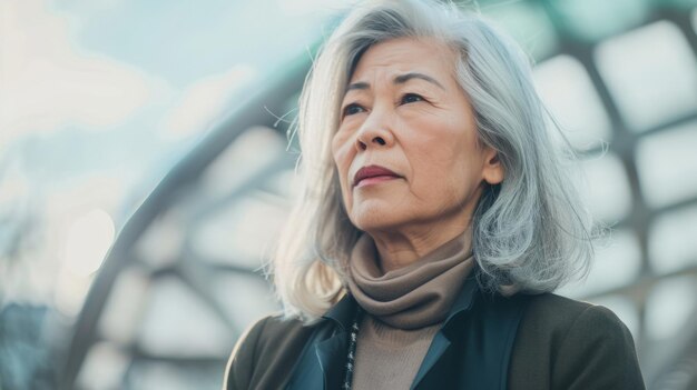 Une femme âgée réfléchissante aux cheveux gris se tient au milieu de l'architecture moderne contemplant la vie