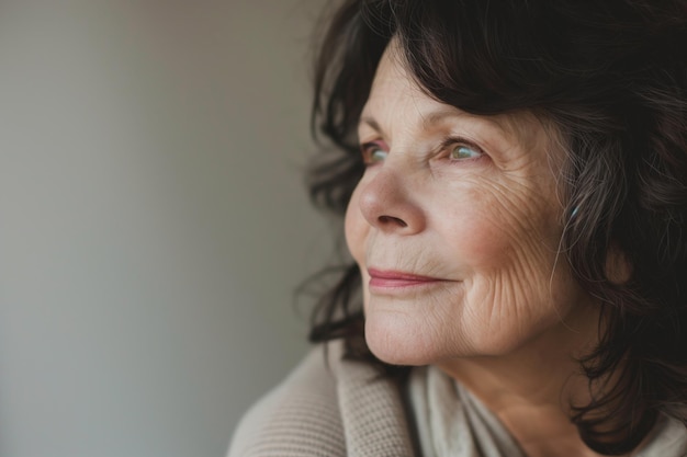 Une femme âgée regardant au loin.