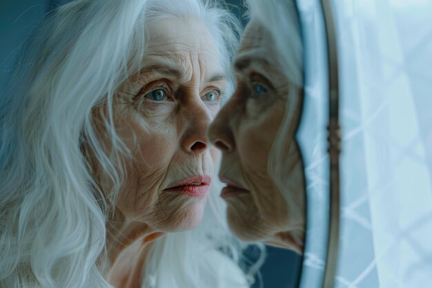 Photo une femme âgée regardant ces cheveux blancs dans un miroir