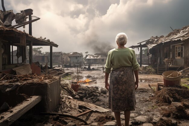 Une femme âgée regardant des maisons détruites concept de catastrophe naturelle IA générative