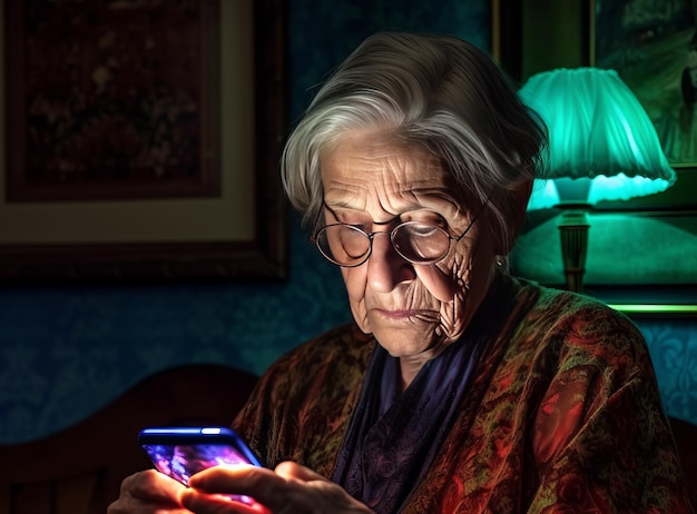 Une femme âgée regardant son téléphone dans une pièce sombre