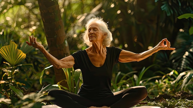 Une femme âgée de santé faisant du yoga.
