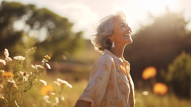 Une femme âgée satisfaite passant une journée en plein air démontrant le niveau de vie élevé. IA générative