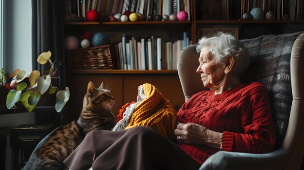 Une femme âgée se détend avec son chat près d'une fenêtre ensoleillée. Scène de maison confortable. Concept de compagnie et de loisirs.