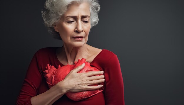 Une femme âgée serre son cœur dans ses bras pour lutter contre une maladie grave