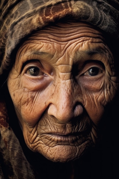 Une femme âgée, son visage gravé de lignes de sagesse et d'expérience.