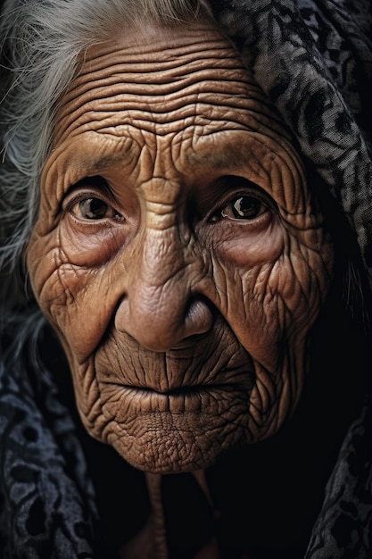 Une femme âgée, son visage gravé de lignes de sagesse et d'expérience.
