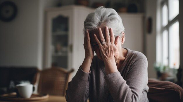 Une femme âgée souffrant d'Alzheimer tient la tête de la main dans le salon.