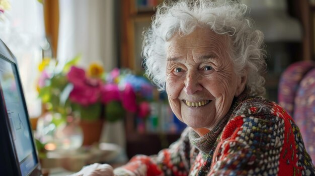 Une femme âgée souriant avec satisfaction à l'écran de son ordinateur après avoir navigué sans effort dans les détails de son assurance