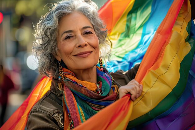 Une femme âgée souriant tenant un drapeau arc-en-ciel célébrant le défilé de la fierté LGBTQ