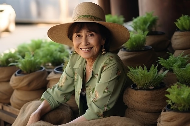 femme âgée souriante agriculteur ou jardinier entourée de plantes vertes dans un jardin en plein air