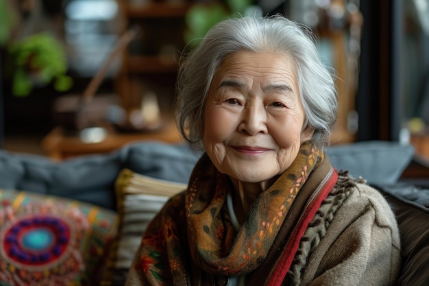 femme âgée souriante assise sur un canapé