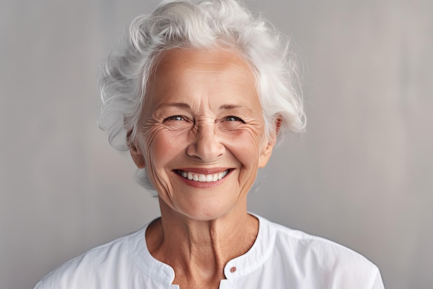 Photo une femme âgée souriante aux cheveux blancs et à la chemise blanche.