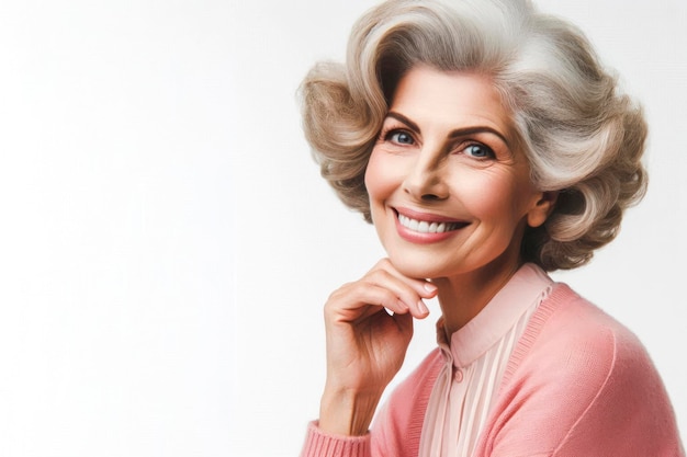 une femme âgée souriante avec une coupe de cheveux rétro sur un fond blanc vif