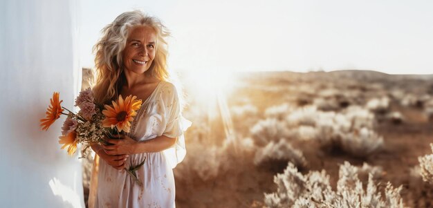 Photo une femme âgée souriante avec des fleurs à l'extérieur du champ