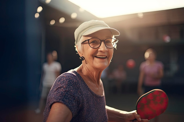 Une femme âgée souriante jouant au pickleball en plein air