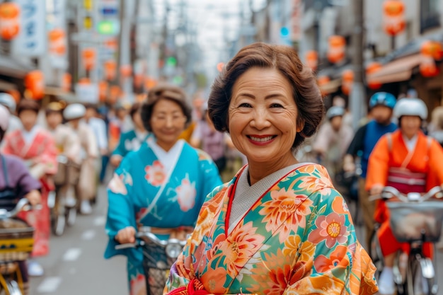 Une femme âgée souriante en kimono traditionnel dans une rue animée avec des cyclistes et des lanternes