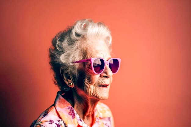 Une femme âgée souriante en lunettes de soleil détournant le regard isolée sur un portrait orange AI générative