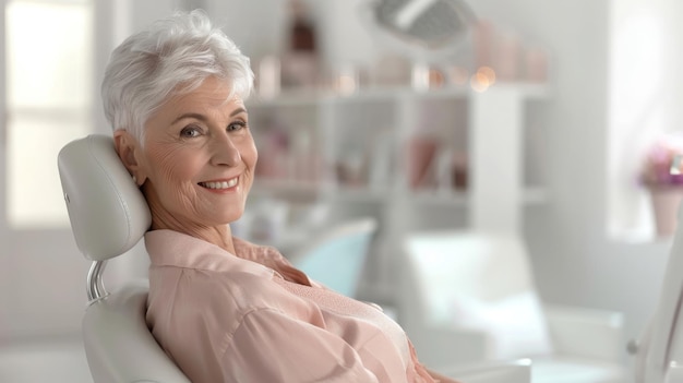 Une femme âgée souriante avec de nouveaux implants dentaires assise dans un cabinet dentaire blanc Banner avec une bonne guérison